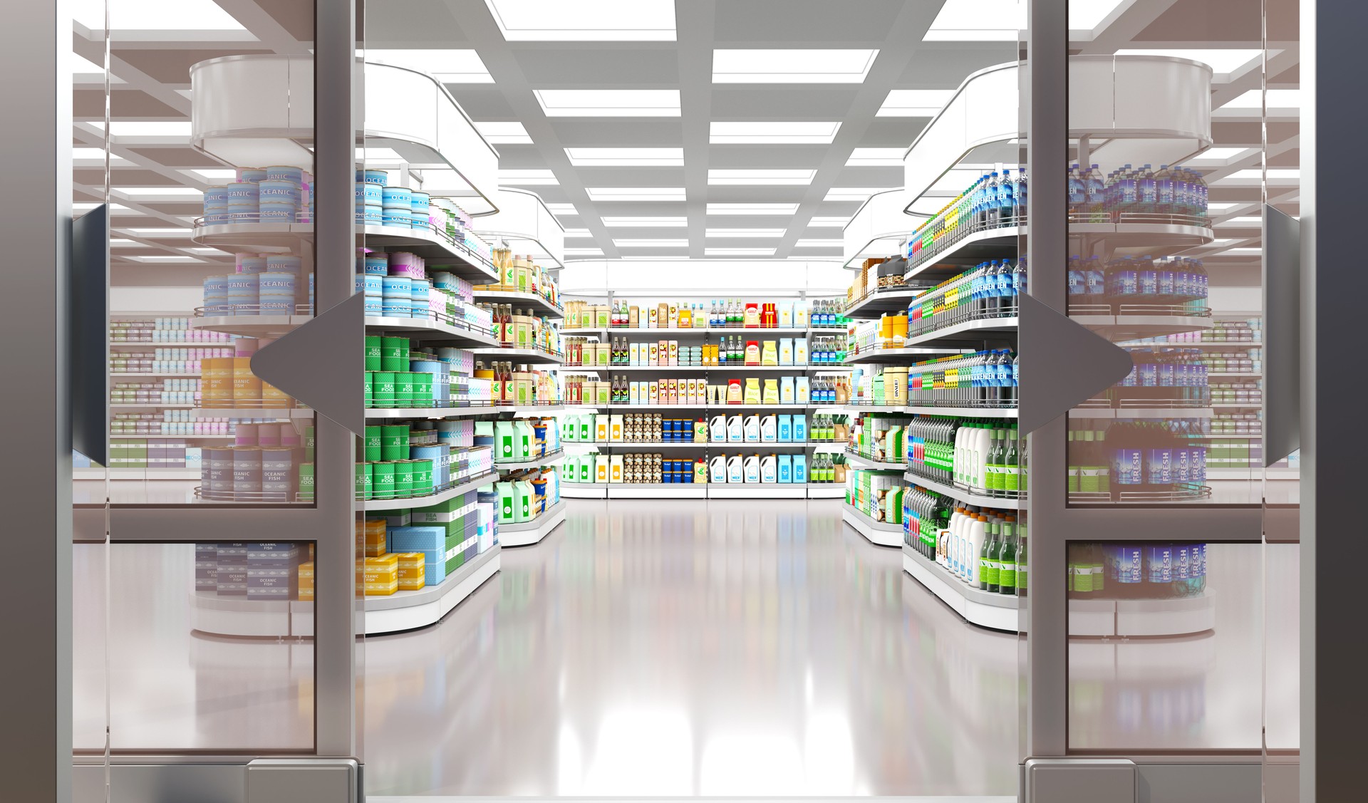 Sales area of the store with rows of shelving, display of goods and glass doors at the entrance